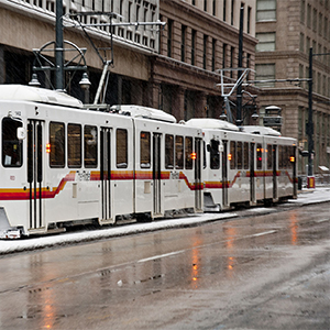 RTD light rail train on Stout St in Downtown Denver