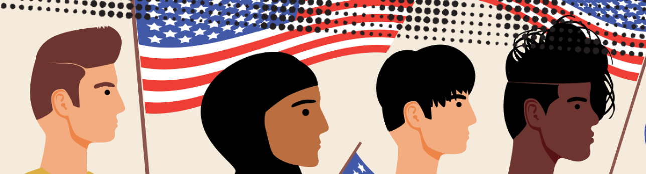 Illustration of four diverse individuals in profile, each holding a U.S. flag. Background shows more flags, conveying unity and diversity.