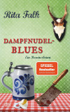 Book cover for “Dampfnudel-Blues” by Rita Falk: green patterned background, deer trophy, beer stein, cleaver, and red checkered tablecloth.