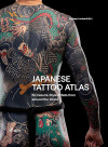 Upper body of a person covered in vibrant Japanese-style tattoos featuring traditional figures and a snake. Text reads "Japanese Tattoo Atlas." Bold and artistic tone.