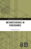 Book cover titled "Metareference in Videogames" by Theresa Krampe, features abstract geometric lines on an olive background, conveying a modern, academic tone.