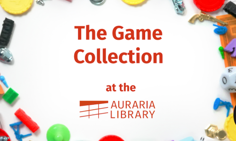 Colorful board game pieces border text, “The Game Collection at the Auraria Library.” The tone is playful and inviting.