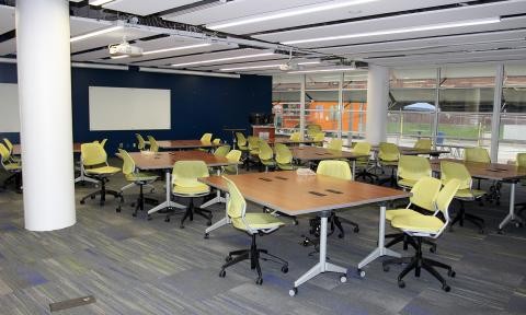Photograph of the ELC classroom with new desks and chairs, the final touches prior to its opening. 