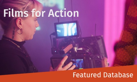 Auraria Library Featured Database - Films for Action. A person operates a professional video camera in a studio setting with the text "Films for Action" and "Featured Database" overlaid.