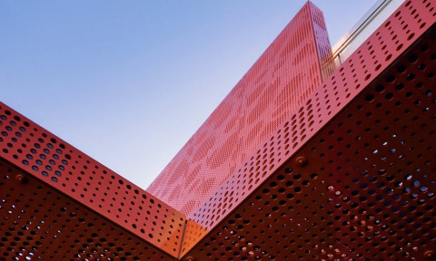 New aluminum Lawrence Street entrance canopy of the Auraria Library