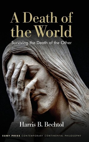 Book cover featuring a dramatic statue with hands covering a face, titled "A Death of the World" by Harris B. Bechtol.