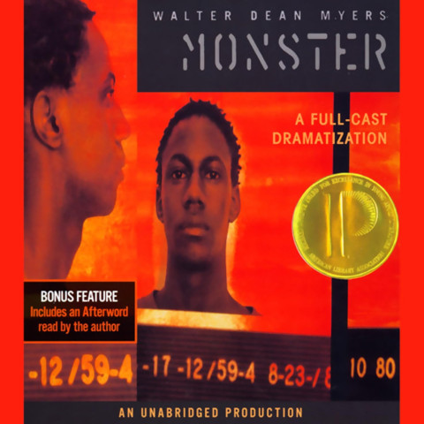 Audiobook cover for Walter Dean Myers’s *Monster*, featuring a young Black man against a fiery red-orange background, with dramatic, tense crime imagery.