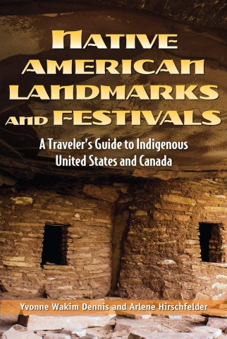 Cover of "Native American Landmarks and Festivals" featuring ancient stone structures in warm tones. Text overlays describe it as a travel guide.