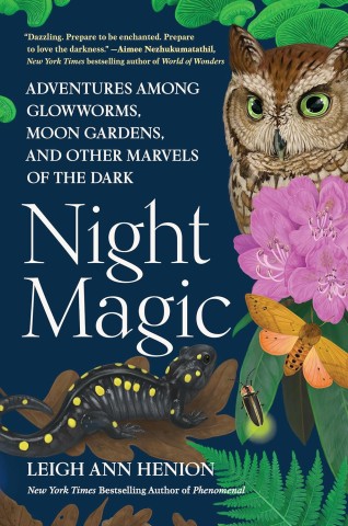 Cover of "Night Magic" by Leigh Ann Henion features an owl, salamander, moth, and glowworm amidst vibrant foliage and flowers on a dark background, evoking mystery.
