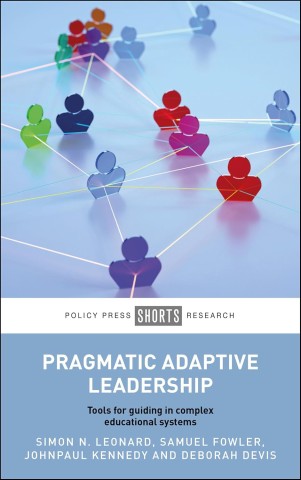 Colorful human silhouettes are linked by thin lines against a light blue background, symbolizing interconnectedness. Title: Pragmatic Adaptive Leadership.
