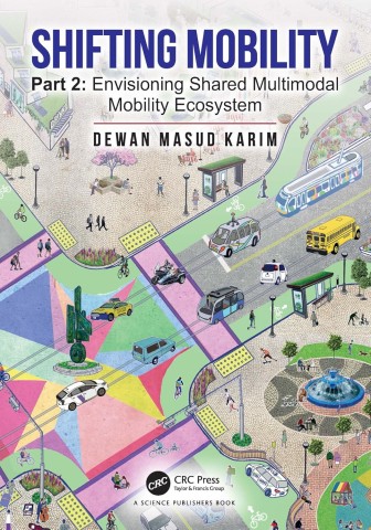 Colorful cityscape on a book cover showing various modern transportation modes, people walking, and green spaces. Title: "Shifting Mobility."