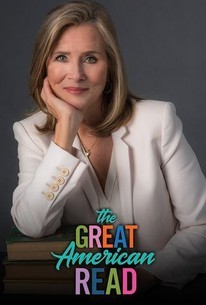 A woman in a white blazer rests her chin on her hand, with a stack of books visible below her, promoting "The Great American Read."
