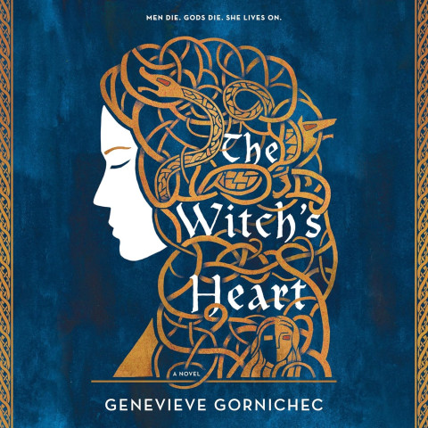 Profile of a woman with intricate golden serpentine hair on a deep blue background. Text reads "The Witch's Heart" by Genevieve Gornichec. Mood is mystical.
