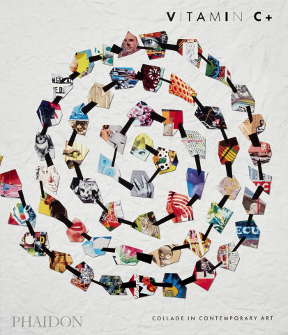 Colorful collage spiral on textured white background with varied art pieces. Text reads "Vitamin C+" and "Collage in Contemporary Art." Creative and dynamic.
