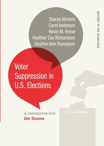 Cover of "Voter Suppression in U.S. Elections" features speech bubbles with authors' names and a voting hand graphic, conveying urgency and civic importance.