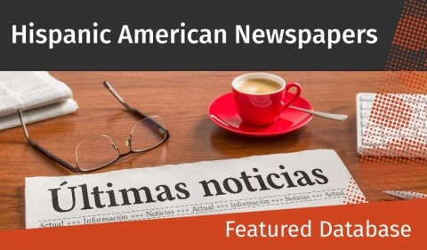 A coffee cup and glasses rest on a wooden table beside a newspaper headline "Últimas noticias." Text above reads "Hispanic American Newspapers."
