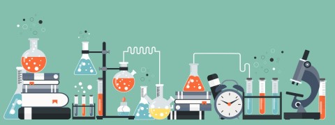 SciFinder-N banner image llustration of a science laboratory setup, featuring various laboratory equipment such as flasks, test tubes, beakers, a Bunsen burner, and a microscope. Several books are stacked, and scientific experiments are shown with liquids in different colors, creating bubbles. A clock and some chemical apparatus are also visible, set against a green background