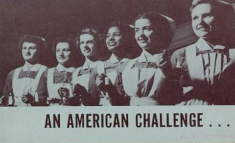 An American Challenge. From Race Relations in America Collection from Adam Matthews. Physical rights retained and permission granted by the Amistad Research Center Photo of female nurses, mid-20th century, four Caucasian and one black, captioned An American Challenge