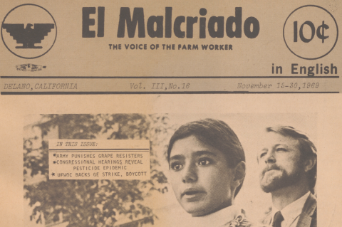 Front page of "El Malcriado" newspaper dated November 15-30, 1969. Features a young person and an older man, with headlines on grape resisters and a pesticide epidemic.