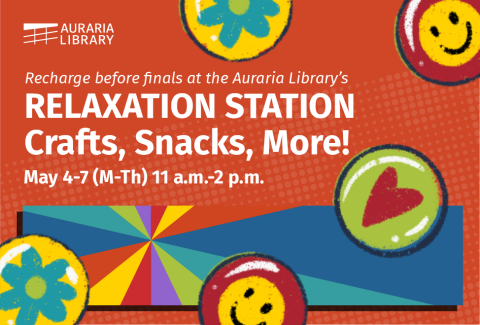 Red flyer for Auraria Library's Relaxation Station event. Features colorful buttons with smiley faces, hearts, and flowers. Includes event details.