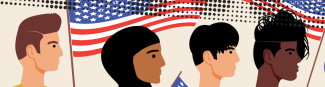 Illustration of four diverse individuals in profile, each holding a U.S. flag. Background shows more flags, conveying unity and diversity.