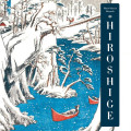Snowy landscape by Hiroshige, with a blue river winding through snow-covered trees. A man in a red boat paddles, evoking tranquility.