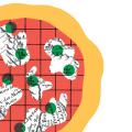 Cover of "The History of Pizza" by Luca Cesari. It features a stylized pizza with a red grid, white landmasses, and green dots resembling historical maps.