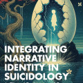 Book cover featuring a cracked egg revealing a silhouette of a child, surrounded by trees, water, and stars, titled 'Integrating Narrative Identity in Suicidology'.