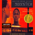 Audiobook cover for Walter Dean Myers’s *Monster*, featuring a young Black man against a fiery red-orange background, with dramatic, tense crime imagery.
