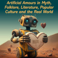 A vintage robot holding a heart-shaped object stands in a desert landscape. The title reads, "Robots That Love" by Judith A. Markowitz. Emotion: whimsical.