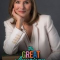 A woman in a white blazer rests her chin on her hand, with a stack of books visible below her, promoting "The Great American Read."