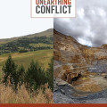 Split book cover showing a lush green landscape on the left and an open-pit mine under a cloudy sky on the right, titled "Unearthing Conflict.