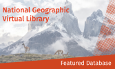Promotional banner for National Geographic Virtual Library, showing snowy mountain peaks, grazing wildlife, and red text reading “Featured Database.”