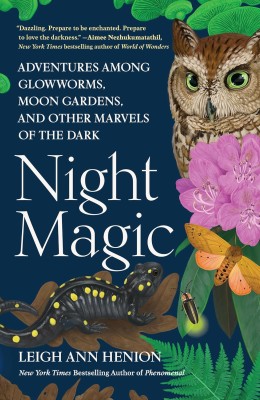 Cover of "Night Magic" by Leigh Ann Henion features an owl, salamander, moth, and glowworm amidst vibrant foliage and flowers on a dark background, evoking mystery.