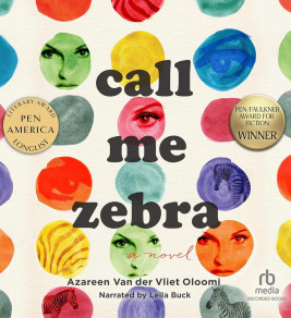 Colorful book cover for "Call Me Zebra" with abstract circles featuring eyes and a zebra. Awards mentioned: Pen America Longlist, Pen/Faulkner Winner.
