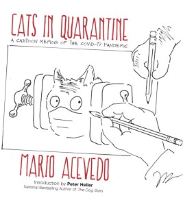 Cover illustration for "Cats in Quarantine" by Mario Acevedo. A sketch of a cat in a mask, with human hands drawing it, conveys a whimsical tone.
