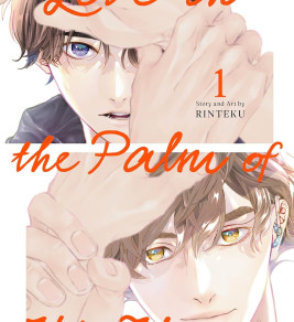 Cover of "Love in the Palm of His Hand" by Rinteku. Two faces, hands framing their faces, with expressive eyes. Warm tones convey intimacy.