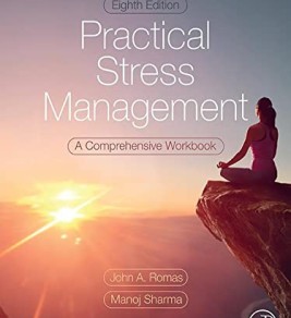 Practical Stress Management: A Comprehensive Workbook cover with lady meditating on a cliff looking at sunrise