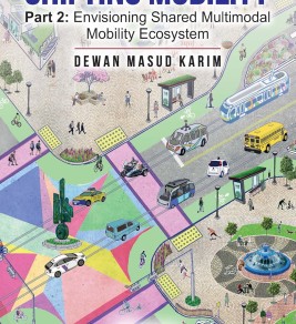 Colorful cityscape on a book cover showing various modern transportation modes, people walking, and green spaces. Title: "Shifting Mobility."