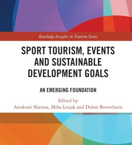 Bold, abstract geometric cover in orange, blue, and purple hues. Title: "Sport Tourism, Events and Sustainable Development Goals." Editors: Anukrati Sharma et al.