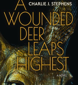 Book cover of "A Wounded Deer Leaps Highest" by Charlie J. Stephens. Features a close-up of a deer's eye, textured with dark, warm tones. The mood is intense and captivating.